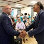 Jeff Sánchez and Nika Elugardo at a candidates forum at the First Baptist Church earlier this month. 