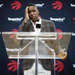 Toronto Raptors NBA basketball team president Masai Ujiri speaks about acquiring Kawhi Leonard in a trade at a media availability in Toronto, Friday, July 20, 2018. (Mark Blinch/The Canadian Press via AP)