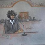 A courtroom sketch of Dzhokhar Tsarnaev. 