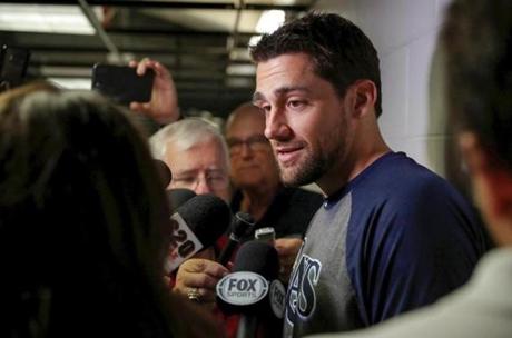 Nathan Eovaldi speaks to the press after being traded from the Tampa Bay Rays to the Boston Red Sox prior a baseball game against the New York Yankees Wednesday, July 25, 2018, in St. Petersburg, Fla. (AP Photo/Mike Carlson)
