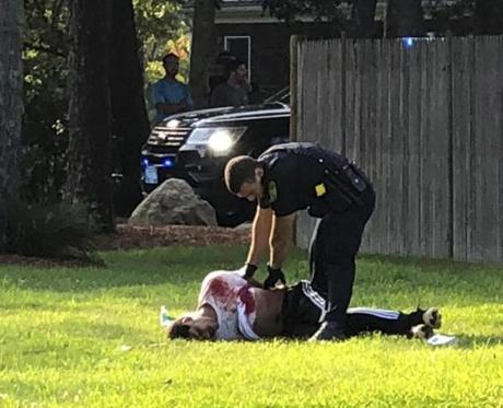 **PLEASE - DO NOT POST THIS ANYWHERE ON SITE UNTIL AFTER 11:00:00 PM** (july 27) JULY 27,2018, Falmouth, MA- A suspect is arrested after two Falmouth Police officers were shot. please credit this way ; FROM BOSTON 25 NEWS
