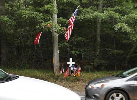 A memorial was left near the scene of the fatal head-on crash in Cotuit. 
