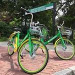 05welimebikes -- LimeBike rental bicycles were parked at the Newton Centre MBTA stop on Monday afternoon. (John Hilliard for the Boston Globe)