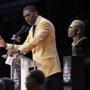 Former NFL player Randy Moss spoke during an induction ceremony at the Pro Football Hall of Fame Saturday.  