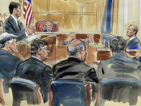 A courtroom sketch depicts Rick Gates (right) answering questions by prosecutor Greg Andres as he testified in the trial of Paul Manafort (second from left).
