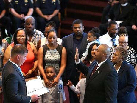 Mayor Martin J. Walsh swore in William G. Gross as the 42nd commissioner of the Boston Police Department Monday at the Morning Star Baptist Church in Mattapan.
