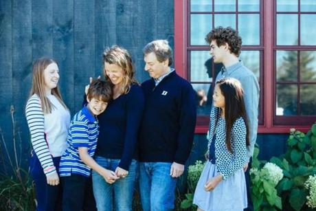 The author with her family. From left: Lily, 14; Wyatt, 12; the author; her husband, Rob; Rory, 12; and Sam, 17. 
