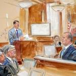 The prosecution?s star witness, Rick Gates (at right), faced withering cross-examination from Stephen Downing (second from left). Defendant Paul Manafort is at far left. 