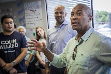 7-15-18 - Richardson, TX - Former Massachusetts Governor Deval Patrick campaigns for Colin Allred (background center), who is running for Congress in Texas, during an appearance at Allred's campaign headquarters in Richardson, Texas. Gov. Patrick is considering a 2020 presidential run. (Kim Leeson for The Boston Globe)
