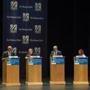 Lowell, Massachusetts - 4/29/2018 - (Left to right) Jeff Ballinger, Beej Das , Leonard Golder, Patrick Littlefield, Bopha Malone, and Keith St. John take part in a debate between the Democratic candidates for the third district congressional seat in Lowell, Massachusetts, April 29, 2018. (Keith Bedford/Globe Staff)
