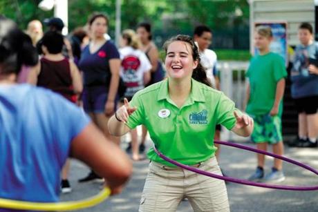 08/08/2018 Salem NH - Samantha Chiodi (cq) get to use hula hoop at her Summer job at Canobie Lake Park. She is part of the Fun Squad at the park. Jonathan Wiggs/Globe Staff Reporter:Topic:
