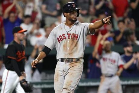 BALTIMORE, MD - AUGUST 10: Xander Bogaerts #2 of the Boston Red Sox celebrates after teammate Brock Holt (not pictured) hit an RBI single to score two runs against the Baltimore Orioles during the sixth inning at Oriole Park at Camden Yards on August 10, 2018 in Baltimore, Maryland. (Photo by Patrick Smith/Getty Images)
