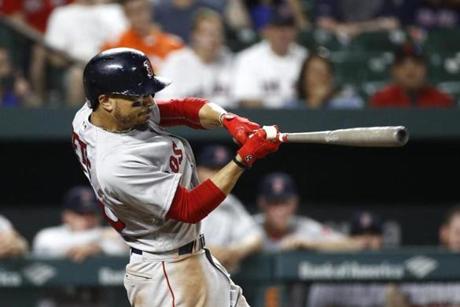 Boston Red Sox's Mookie Betts doubles in the eighth inning of a baseball game against the Baltimore Orioles, Friday, Aug. 10, 2018, in Baltimore. Brock Holt, Steve Pearce and Jackie Bradley Jr. scored on the play. (AP Photo/Patrick Semansky)
