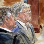 This courtroom sketch depicts former Donald Trump campaign chairman Paul Manafort, left, listening with his lawyer Kevin Downing to testimony from government witness Rick Gates as Manafort's trial continues at federal court in Alexandria, Va., Tuesday, Aug. 7, 2018. (Dana Verkouteren via AP)