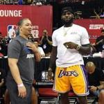 LAS VEGAS, NV - JULY 15: Head coach Tyronn Lue (L) of the Cleveland Cavaliers talks with LeBron James of the Los Angeles Lakers after a quarterfinal game of the 2018 NBA Summer League between the Lakers and the Detroit Pistons at the Thomas & Mack Center on July 15, 2018 in Las Vegas, Nevada. NOTE TO USER: User expressly acknowledges and agrees that, by downloading and or using this photograph, User is consenting to the terms and conditions of the Getty Images License Agreement. (Photo by Ethan Miller/Getty Images)
