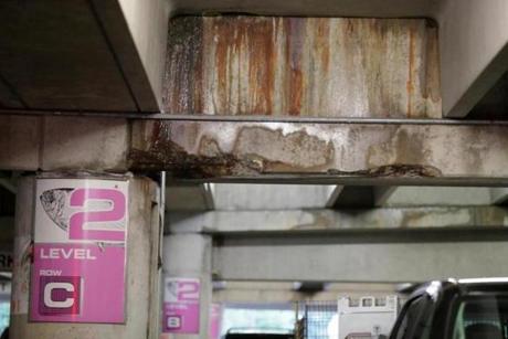 There are still multiple areas of crumbling concrete in the Alewife garage, which reopened Monday after weekend repairs. 
