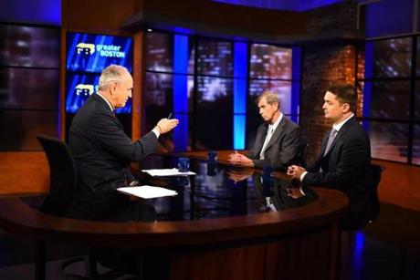 Longtime incumbent Bill Galvin and his challenger Josh Zakim (right) debated on WGBH's Greater Boston with Jim Braude (left). 

