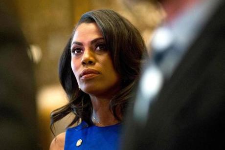 (FILES) In this file photo taken on January 16, 2017 Omarosa Manigault, a staffer for US President-elect Donald Trump, listens as Martin Luther King III speaks to the media after meeting with the President-elect at Trump Tower in New York City on January 16, 2017. - A former White House staffer who has written a bombshell memoir of her time serving under President Donald Trump released a secret tape Sunday of the chief of staff firing her. (Photo by DOMINICK REUTER / AFP)DOMINICK REUTER/AFP/Getty Images
