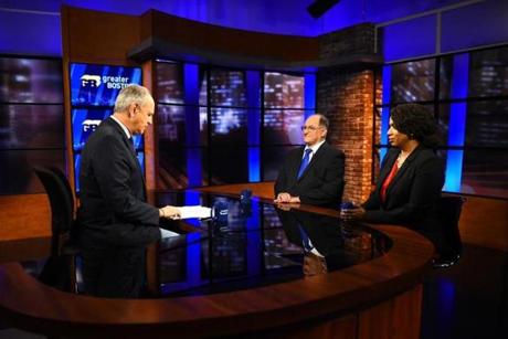 Incumbent Michael Capuano and Boston City Councilor Ayanna Pressley faced off in their final debate in the race for the democratic nomination for the Massachusetts 7th congressional district seat. On WGBH's Greater Boston with Jim Braude (left). Photo taken at the WGBH Studios on August 15, 2018. Photo: Meredith Nierman, WGBH News
