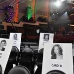 Celebrity seat cards are seen during the 2018 MTV Video Music Awards press junket at Radio City Music Hall in New York on August 17, 2018. - The 2018 VMAs will be held on August 20, 2018. (Photo by Angela Weiss / AFP)ANGELA WEISS/AFP/Getty Images