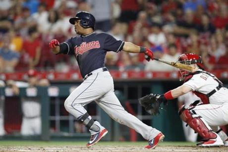 CINCINNATI, OH - AUGUST 13: Jose Ramirez #11 of the Cleveland Indians singles to drive in a run in the seventh inning against the Cincinnati Reds at Great American Ball Park on August 13, 2018 in Cincinnati, Ohio. The Indians won 10-3. (Photo by Joe Robbins/Getty Images)
