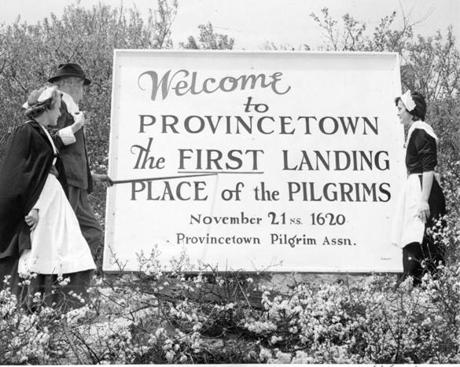 A sign from the 1950 commemoration, which marked the 330th anniversary of the Mayflower?s arrival in Provincetown.
