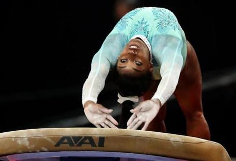 Boston MA 8/19/18 Simone Biles during her vault attempt at the US senior women's final round of competition at the US Gymnastics Championships at TD Garden. (photo by Matthew J. Lee/Globe staff) topic: reporter: 
