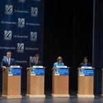 Alexandra Chandler, Rufus Gifford, Daniel Koh, Barbara L'Italien,Juana Matias, and Lori Trahan participate in a debate between the Democratic candidates for the third district congressional seat in Lowell, Massachusetts, April 29, 2018. (Keith Bedford/Globe Staff)