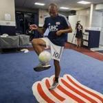 Foxborough, Ma---August 11,, 2018-Stan Grossfeld/Globe Staff--- Teal Bunbry of the New England Revolution loosens up before a 3-2 loss to the Philadelphia Union at Gillette Stadium.