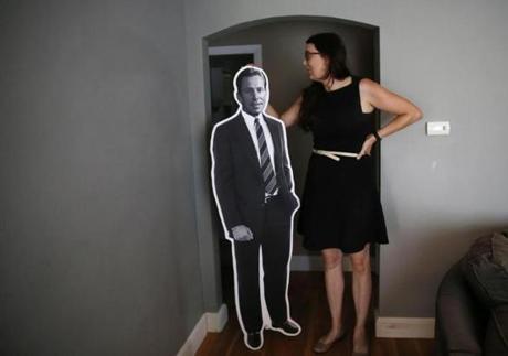 Congressional candidate Brianna Wu showed off a cardboard cutout of her opponent incumbent Representative Stephen Lynch.
