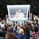 DUBLIN, IRELAND - AUGUST 25: Pope Francis greets the public as he travels through the city in the Popemobile on August 25, 2018 in Dublin, Ireland. Pope Francis is the 266th Catholic Pope and current sovereign of the Vatican. His visit, the first by a Pope since John Paul II's in 1979, is expected to attract hundreds of thousands of Catholics to a series of events in Dublin and Knock. During his visit he will have private meetings with victims of sexual abuse by Catholic clergy. (Photo by Matt Cardy/Getty Images)