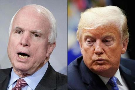 (COMBO) This combination of pictures created on August 24, 2018 shows US Senator John McCain and US President Donald Trump. - One of John McCain's final wishes, as he struggled against a devastating brain cancer, could not have been more clear: He made it known that he did not want Donald Trump to attend his funeral. US senator John McCain, a celebrated war hero known for reaching across the aisle in an increasingly divided America, died Saturday after losing a battle to brain cancer, his office said. He was 81. (Photos by BRENDAN SMIALOWSKI and MANDEL NGAN / AFP)BRENDAN SMIALOWSKI,MANDEL NGAN/AFP/Getty Images

