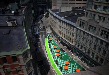 The new palza at the corner of Franklin and Arch streets, with an adjacent bike lane, viewed from ten floors above. 
