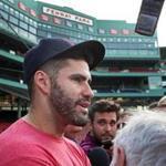 Boston, MA: 8-28-18: The Red Sox J.D. Martinez spoke to reporters in front of the Boston dugout before the game about his controversial social media posts from a few years ago. The Boston Red Sox hosted the Miami Marlins in a regular season inter league MLB baseball game at Fenway Park. (Jim Davis/Globe Staff) 