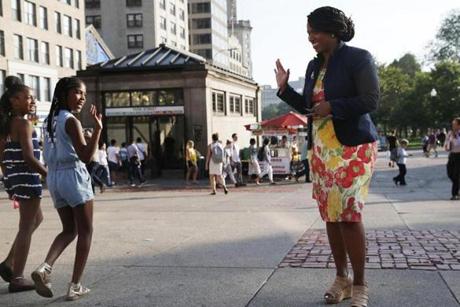 Ayanna Pressley campaigned Tuesday at the Park Street MBTA station.
