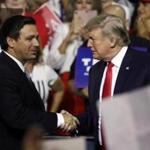 FILE - In this July 31, 2018, file photo, President Donald Trump, right, shakes hands with Florida Republican gubernatorial candidate Ron DeSantis during a rally in Tampa, Fla. Florida voters are going to the polls, Tuesday, Aug. 28, 2018, to select nominees to replace Republican Gov. Rick Scott in an election that?s caught the attention of Trump. (AP Photo/Chris O'Meara, File)