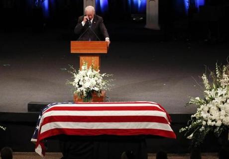 Former Vice President Joe Biden wipes a tear while giving a tribute during memorial service at North Phoenix Baptist Church for Sen. John McCain, R-Ariz., on Thursday, Aug. 30, 2018, in Phoenix. (AP Photo/Matt York, Pool)
