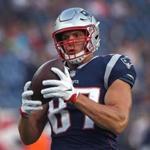Boston, MA - 8/16/2018 - (pre game) New England Patriots tight end Rob Gronkowski (87) pulls in a pass during pre game warmups. Ground is not expected to play in tonight's game. The New England Patriots host the Philadelphia Eagles in the second pre-season home exhibition game at Gillette Stadium. - (Barry Chin/Globe Staff), Section: Sports, Reporter: James M. McBride, Topic: 17Patriots-Eagles, LOID: 8.4.2854134805.