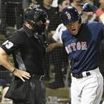 CHICAGO, IL - AUGUST 31: Ian Kinsler #5 of the Boston Red Sox argues a call with umpire Will Little #93 after being called out on strike against the Chicago White Sox during the fourth inning on August 31, 2018 at Guaranteed Rate Field in Chicago, Illinois. (Photo by David Banks/Getty Images)