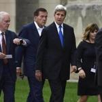 Former Secretary of State John Kerry, center, arrived to attend a memorial service for Senator John McCain at the Washington National Cathedral on Saturday.