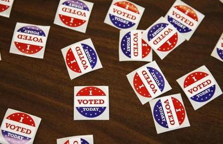 Stickers were seen inside a polling place in Everett. 
