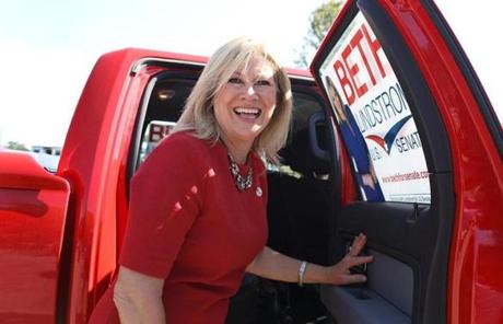 Beth Lindstrom, GOP candidate for the US Senate, headed for her next stop after stumping outside Ward 5, Precinct 3 in Quincy. 
