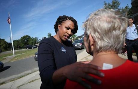 Councilor Ayanna Pressley greeted voters and poll workers at the Lilla G. Frederick Pilot School in Dorchester.
