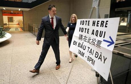 Councilor Josh Zakim and his wife Grace voted at the Boston Public Library. He is running for secretary of state. 
