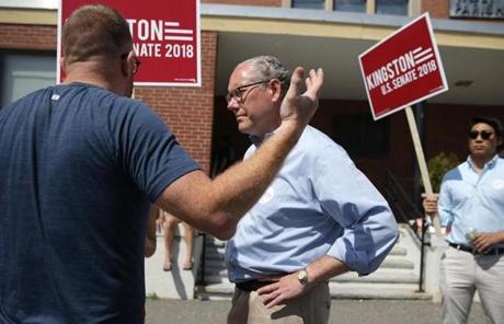 US Senate candidate John Kingston campaigned in front of the Holy Name Parish Hall in West Roxbury. 
