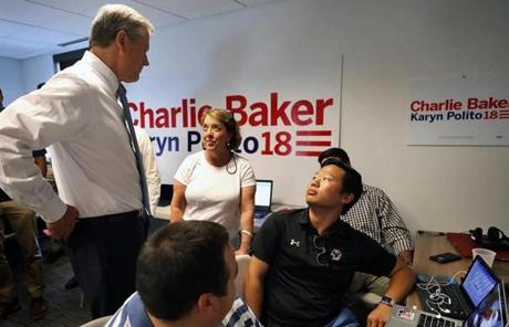  Governor Charlie Baker and Lt Governor Karyn Polito visit volunteers at Baker-Polito HQ phone bank in Allston.
