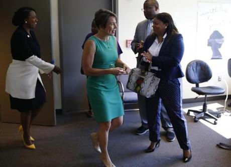 Massachusetts Attorney General Maura Healey (center) and Ayanna Pressley (left) arrived at a post-primary unity event.
