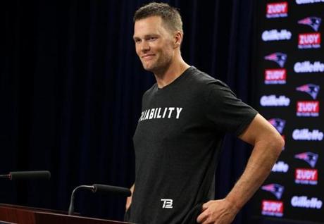 09/07/2018 Foxborough Ma -New England Patriots QB Tom Brady (cq) took some questions at a afternoon press-conference.. Jonathan Wiggs/Globe Staff Reporter:Topic:
