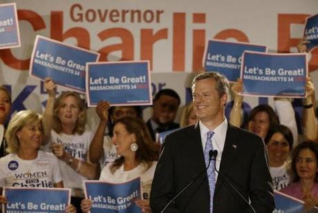  Massachusetts Republican gubernatorial candidate Charlie Baker speaks to supporters during his primary election night victory rally Tuesday, Sept. 9, 2014 in Boston. Baker will face state Attorney General Martha Coakley in the Nov. 4, 2014 general election. (AP Photo/Stephan Savoia)
