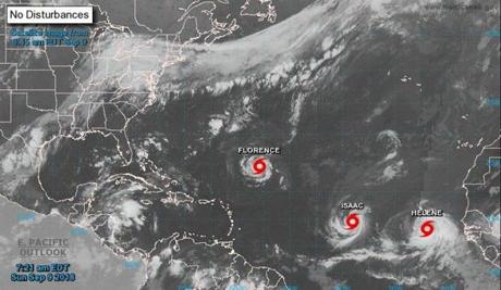 Three storms ? Florence, Isaac, and Helene ? were moving across the Atlantic early Sunday. 
